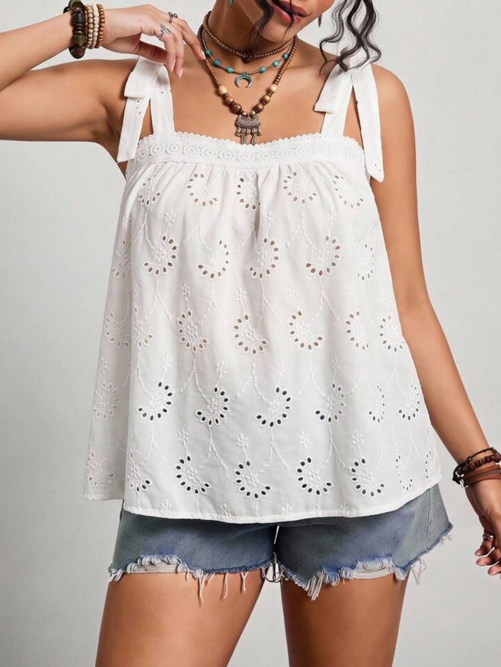Boho White Eyelet Tie-Strap Top Blouse Shirt